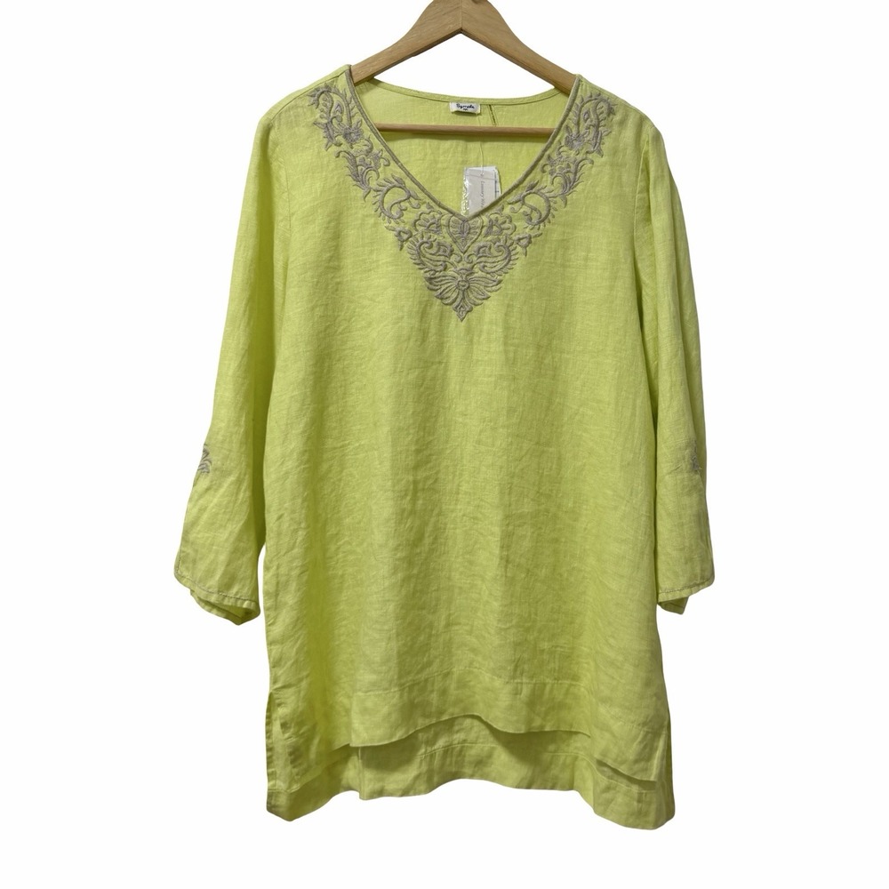 Symple NYC Womens Linen Embroidered V Neck Tunic Top Size L Chartreuse Yellow